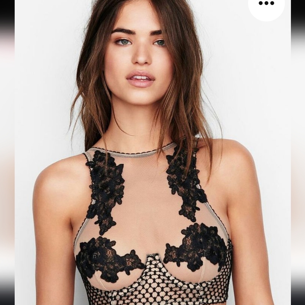 Victoria's Secret Longline Lace Black and Nude Floral Applique Bra size 34b